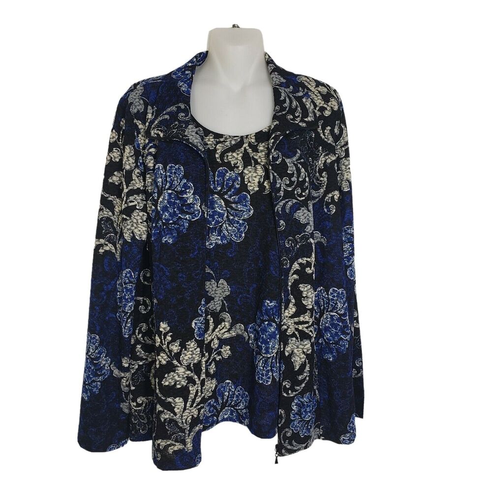 Laura Ashley Womens Jacket Shell 2 Pc Medium Metallic Frost Full Zip Floral